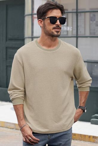 تيشيرت رجالي منسوج بنسيج مموج خفيف الوزن كاجوال بياقة دائرية وأكمام طويلة (S-2XL) in Kuwait