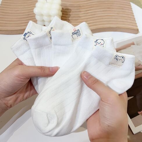 5 Pairs Women's Cute Socks Bear Graphic Printing Sock Kawaii Solid Color White Crew Socks for Women Men in Saudi Arabia