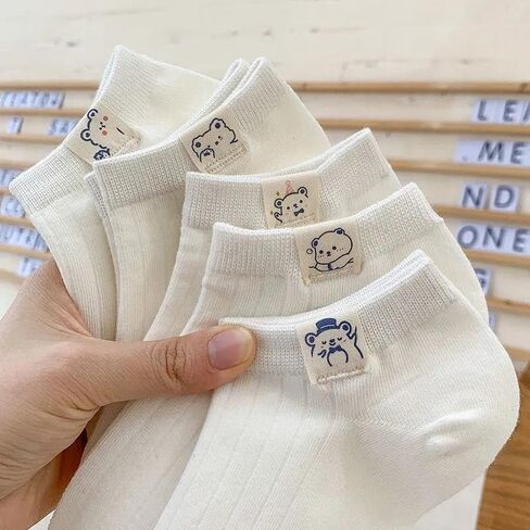 5 Pairs Women's Cute Socks Bear Graphic Printing Sock Kawaii Solid Color White Crew Socks for Women Men in Saudi Arabia