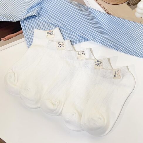 5 Pairs Women's Cute Socks Bear Graphic Printing Sock Kawaii Solid Color White Crew Socks for Women Men in Saudi Arabia