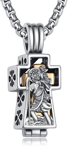 ADMETUS Patron Saint Cross Urn Necklace 925 Sterling Silver Cremation Jewelry for Ashes Memorial Gifts for Men with 2.5mm 22"+2" Rolo Chain in Kuwait