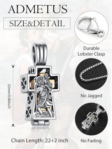 ADMETUS Patron Saint Cross Urn Necklace 925 Sterling Silver Cremation Jewelry for Ashes Memorial Gifts for Men with 2.5mm 22"+2" Rolo Chain in Kuwait