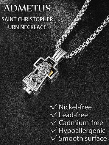 ADMETUS Patron Saint Cross Urn Necklace 925 Sterling Silver Cremation Jewelry for Ashes Memorial Gifts for Men with 2.5mm 22"+2" Rolo Chain in Kuwait