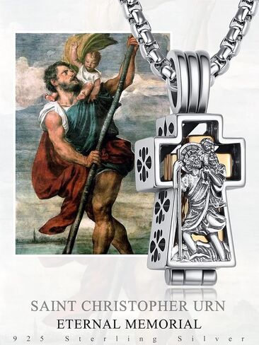 ADMETUS Patron Saint Cross Urn Necklace 925 Sterling Silver Cremation Jewelry for Ashes Memorial Gifts for Men with 2.5mm 22"+2" Rolo Chain in Kuwait