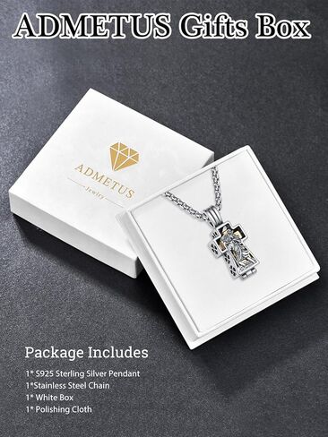 ADMETUS Patron Saint Cross Urn Necklace 925 Sterling Silver Cremation Jewelry for Ashes Memorial Gifts for Men with 2.5mm 22"+2" Rolo Chain in Kuwait