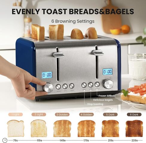 4 Slice Toaster, Roter Mond Countdown Stainless Steel Toaster with Bagel, Defrost, Cancel Function, Dual Toaster Extra Wide Slots, 6 Bread Shade Settings Bread Toaster, Removable Crumb Trays, 1650W in Saudi Arabia