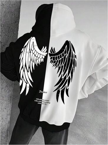 SHENHE Men's Color Block Wing Graphic Drawstring Hoodie Drop Shoulder Pullovers Streetwear in Saudi Arabia