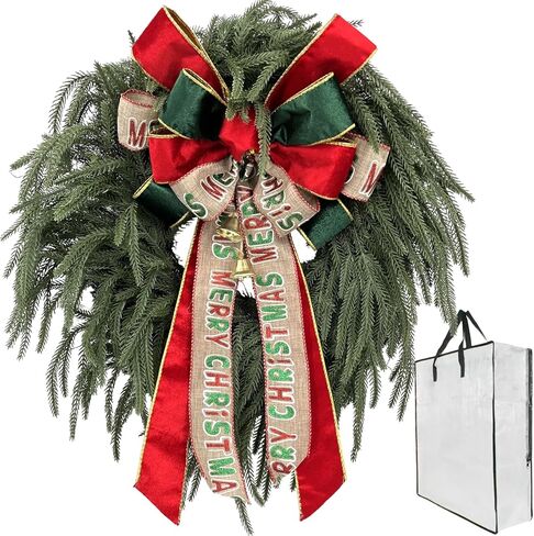 Christmas Wreaths for Front Door: Instagram-Worthy 24 Inch Real-Touch Norfolk Pine Wreath with Large Merry Xmas Bow - Perfect for Holiday Porch Decor - Storage Bag for Tidy Keep & Gifts in Saudi Arabia