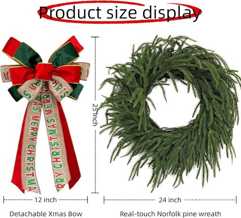 Christmas Wreaths for Front Door: Instagram-Worthy 24 Inch Real-Touch Norfolk Pine Wreath with Large Merry Xmas Bow - Perfect for Holiday Porch Decor - Storage Bag for Tidy Keep & Gifts in Saudi Arabia