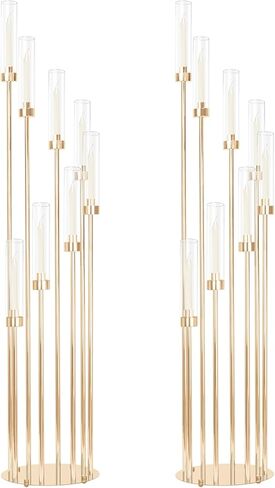 مجموعتان من الشمعدانات الذهبية بطول 12 ذراع، حامل شموع مع أباجورة من الأكريليك الشفاف تناسب عديمة اللهب أو الشمع، قطعة مركزية من الشمعدانات ذات الأرضية الكبيرة العالية مقاس 46 بوصة لتزيين حفلات الزفاف وحفلات الاستقبال in Kuwait