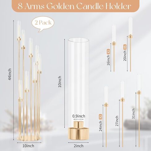 مجموعتان من الشمعدانات الذهبية بطول 12 ذراع، حامل شموع مع أباجورة من الأكريليك الشفاف تناسب عديمة اللهب أو الشمع، قطعة مركزية من الشمعدانات ذات الأرضية الكبيرة العالية مقاس 46 بوصة لتزيين حفلات الزفاف وحفلات الاستقبال in Kuwait