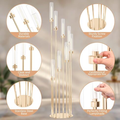 مجموعتان من الشمعدانات الذهبية بطول 12 ذراع، حامل شموع مع أباجورة من الأكريليك الشفاف تناسب عديمة اللهب أو الشمع، قطعة مركزية من الشمعدانات ذات الأرضية الكبيرة العالية مقاس 46 بوصة لتزيين حفلات الزفاف وحفلات الاستقبال in Kuwait