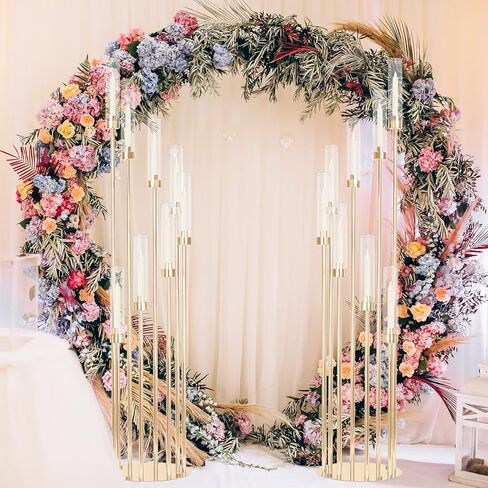 مجموعتان من الشمعدانات الذهبية بطول 12 ذراع، حامل شموع مع أباجورة من الأكريليك الشفاف تناسب عديمة اللهب أو الشمع، قطعة مركزية من الشمعدانات ذات الأرضية الكبيرة العالية مقاس 46 بوصة لتزيين حفلات الزفاف وحفلات الاستقبال in Kuwait