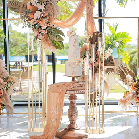 مجموعتان من الشمعدانات الذهبية بطول 12 ذراع، حامل شموع مع أباجورة من الأكريليك الشفاف تناسب عديمة اللهب أو الشمع، قطعة مركزية من الشمعدانات ذات الأرضية الكبيرة العالية مقاس 46 بوصة لتزيين حفلات الزفاف وحفلات الاستقبال in Kuwait