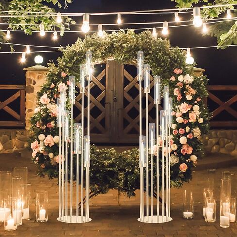 مجموعتان من الشمعدانات الذهبية بطول 12 ذراع، حامل شموع مع أباجورة من الأكريليك الشفاف تناسب عديمة اللهب أو الشمع، قطعة مركزية من الشمعدانات ذات الأرضية الكبيرة العالية مقاس 46 بوصة لتزيين حفلات الزفاف وحفلات الاستقبال in Kuwait