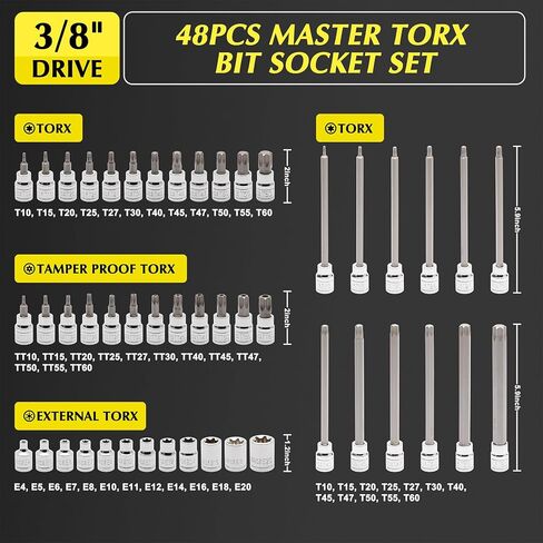 EMENTOL 12PCS 3/8" Drive Extra Long Torx Bit Socket Set, CR-V, S2 Steel, 5.9" Length Star Bit Socket Set, T10 - T60 in Saudi Arabia