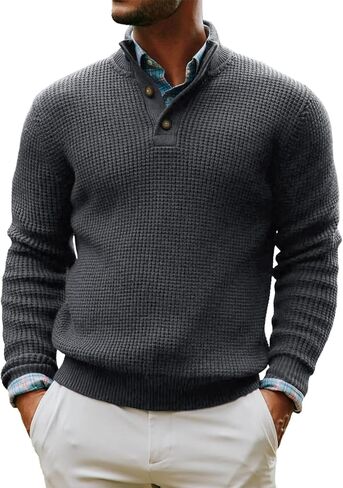 Runcati Mens Stand Collar Sweater Knitted Quarter Button Pullover Casual Thermal Henley Sweaters in Kuwait