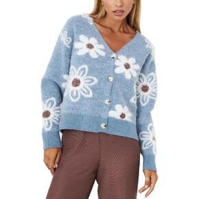 Women Floral Print Button Down Cardigan Knitted Button Down Cashmere V Neck Drop Shoulder Knit Outerwear in Saudi Arabia