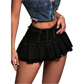 تنورة Floerns النسائية ذات الحواف المتوترة ذات الثنيات متوسطة الخصر Y2k من قماش الدنيم in Kuwait