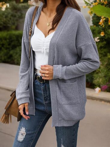 Womens Casual Open Front Cardigan Lightweight Loose Fit Long Sleeve Knit Cardigans with Pockets in Saudi Arabia
