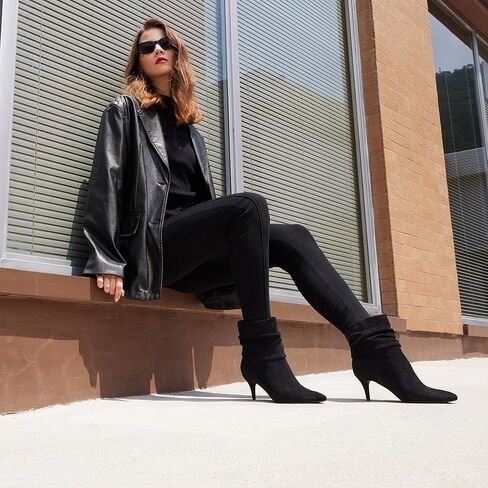 CosyFever Sexy Slouch Ankle Boots for Women with Fashion Mid Stiletto Heels Pointed Toe Bootie in Kuwait