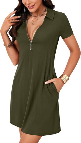 LYANER Women's V Neck Short Sleeve Dresses Zipper Front Ruffle Hem A Line Flare Mini Basic Dress in Saudi Arabia
