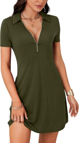 LYANER Women's V Neck Short Sleeve Dresses Zipper Front Ruffle Hem A Line Flare Mini Basic Dress in Saudi Arabia