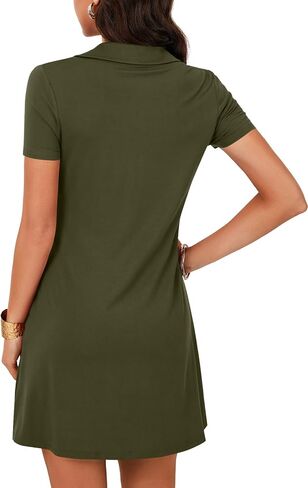 LYANER Women's V Neck Short Sleeve Dresses Zipper Front Ruffle Hem A Line Flare Mini Basic Dress in Saudi Arabia