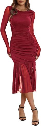 Pink Queen Women's 2025 Long Sleeve Bodycon Dress Mesh Slim Ruched Maxi Dresses Party Cocktail in Saudi Arabia