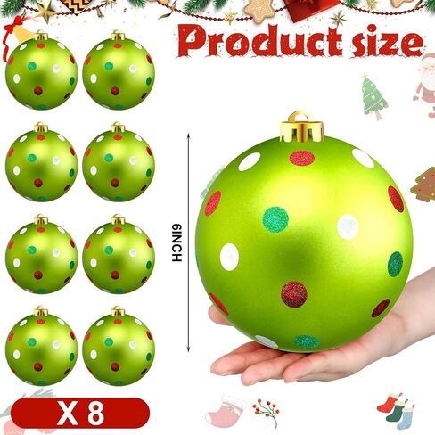 8 Pack Large Christmas Ball Ornaments 6 Inch Jumbo Glitter Hanging Ball Red/Green/White Candy Plastic Giant Oversizded Christmas Ornament for Indoor Outdoor Party Xmas Tree Decor(Vivid Style) in Saudi Arabia