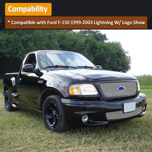 Front Chrome Main Upper Lower Bumper Billet Grille Compatible with 1999 2000 2001 2002 2003 Ford F150 Lightning Grill Insert Solid Aluminum with Logo Show in Saudi Arabia