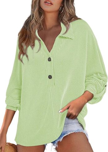 Astylish Women's Casual Blouses Button Down Business Batwing Tops Long Sleeve V Neck Ribbed Shirts 2025 Fall Outfit in Saudi Arabia