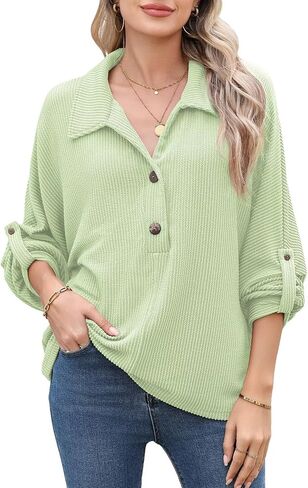 Astylish Women's Casual Blouses Button Down Business Batwing Tops Long Sleeve V Neck Ribbed Shirts 2025 Fall Outfit in Saudi Arabia