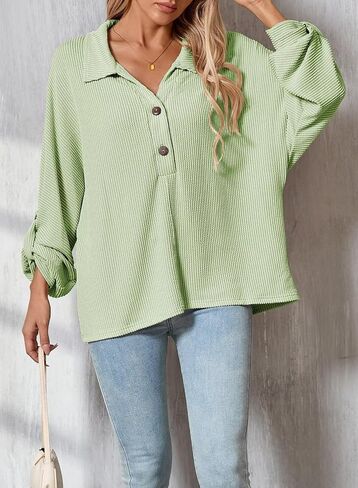 Astylish Women's Casual Blouses Button Down Business Batwing Tops Long Sleeve V Neck Ribbed Shirts 2025 Fall Outfit in Saudi Arabia
