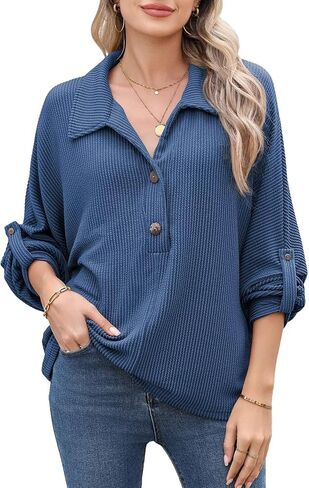 Astylish Women's Casual Blouses Button Down Business Batwing Tops Long Sleeve V Neck Ribbed Shirts 2025 Fall Outfit in Saudi Arabia