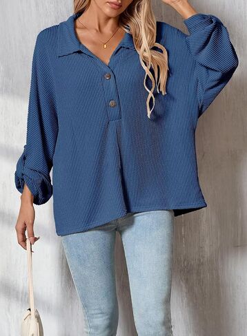 Astylish Women's Casual Blouses Button Down Business Batwing Tops Long Sleeve V Neck Ribbed Shirts 2025 Fall Outfit in Saudi Arabia