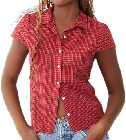 Women Short Sleeve Button Down Shirt Y2K Plaid V Neck Slim Fit Cropped Blouse Vintage Coquette Going Out Tops in Saudi Arabia