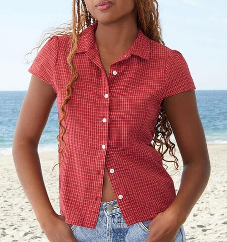 Women Short Sleeve Button Down Shirt Y2K Plaid V Neck Slim Fit Cropped Blouse Vintage Coquette Going Out Tops in Saudi Arabia