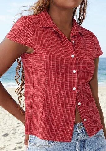 Women Short Sleeve Button Down Shirt Y2K Plaid V Neck Slim Fit Cropped Blouse Vintage Coquette Going Out Tops in Saudi Arabia
