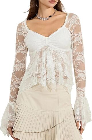 Women Y2k Lace Going Out Crop Top Cute Bell Long Sleeve Sheer Shirt V Neck Babydoll Blouse Tops Coquette Clothes in Kuwait