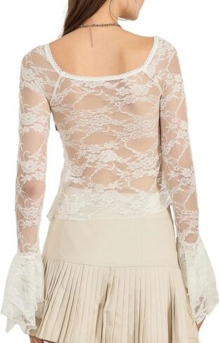 Women Y2k Lace Going Out Crop Top Cute Bell Long Sleeve Sheer Shirt V Neck Babydoll Blouse Tops Coquette Clothes in Kuwait