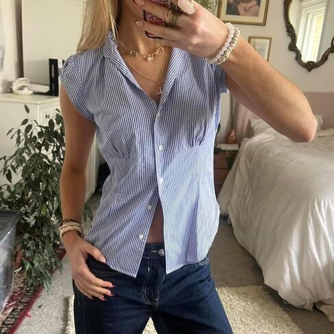Women Short Sleeve Button Down Shirt Y2K Plaid V Neck Slim Fit Cropped Blouse Vintage Coquette Going Out Tops in Saudi Arabia
