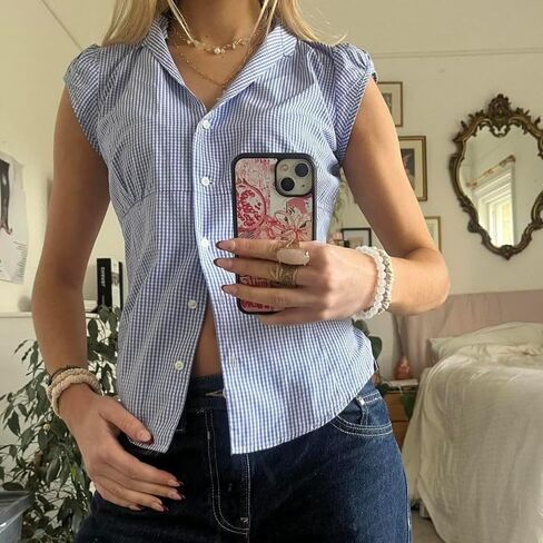 Women Short Sleeve Button Down Shirt Y2K Plaid V Neck Slim Fit Cropped Blouse Vintage Coquette Going Out Tops in Saudi Arabia