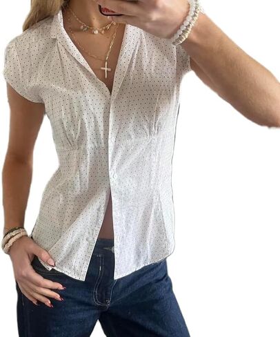 Women Short Sleeve Button Down Shirt Y2K Plaid V Neck Slim Fit Cropped Blouse Vintage Coquette Going Out Tops in Saudi Arabia