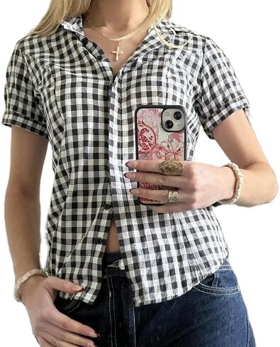 Women Short Sleeve Button Down Shirt Y2K Plaid V Neck Slim Fit Cropped Blouse Vintage Coquette Going Out Tops in Saudi Arabia