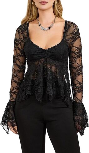 Women Y2k Lace Going Out Crop Top Cute Bell Long Sleeve Sheer Shirt V Neck Babydoll Blouse Tops Coquette Clothes in Kuwait