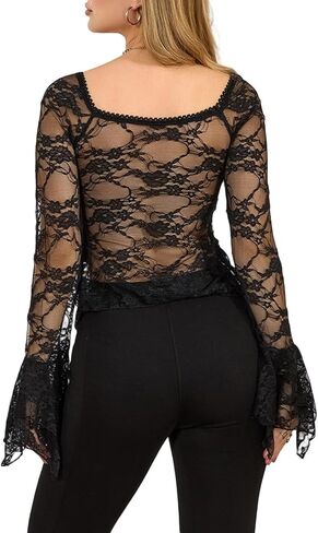 Women Y2k Lace Going Out Crop Top Cute Bell Long Sleeve Sheer Shirt V Neck Babydoll Blouse Tops Coquette Clothes in Kuwait