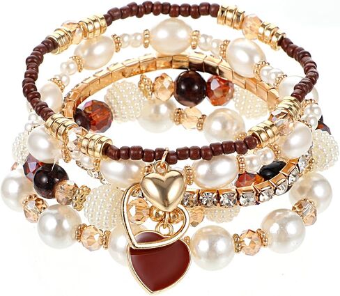 5PCS Bohemian Stackable Beaded Bracelet Set, Brown Handmade Bracelet Heart Faux Pearl Charm Bracelets Stretch Jewelry for Women Friendship Holiday Beach Gifts in Saudi Arabia
