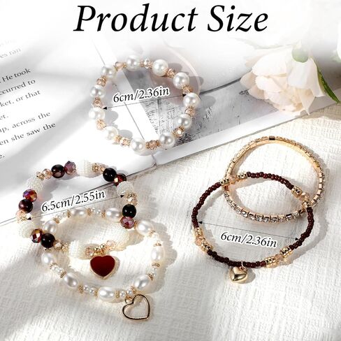 5PCS Bohemian Stackable Beaded Bracelet Set, Brown Handmade Bracelet Heart Faux Pearl Charm Bracelets Stretch Jewelry for Women Friendship Holiday Beach Gifts in Saudi Arabia
