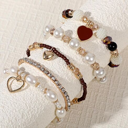 5PCS Bohemian Stackable Beaded Bracelet Set, Brown Handmade Bracelet Heart Faux Pearl Charm Bracelets Stretch Jewelry for Women Friendship Holiday Beach Gifts in Saudi Arabia